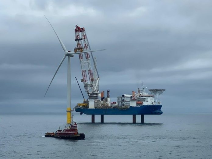 Dominion Energy installed two test turbines to generate power 27 miles off the coast of Virginia Beach, seen here in 2021, as a precursor of the Central Virginia Offshore Wind Project, largest offshore wind project in the United States. (Photo courtesy Dominion Energy)