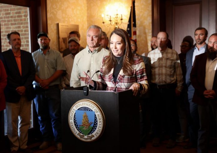 U.S. Secretary of Agriculture Brooke Rollins and U.S. Secretary of Health and Human Services Robert F. Kennedy Jr. participate in a press conference on helping the state's small farmers in Hanover County, Virginia on June 3, 2026. (Photo by Charlotte Rene Woods/Virginia Mercury)
