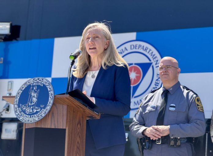 Gov. Abigail Spanberger speaks to reporters Wednesday at the Virginia Emergency Operations Center in Richmond after participating in hurricane preparedness briefings and emergency response simulations ahead of the 2026 Atlantic hurricane season. (Photo by Markus Schmidt/Virginia Mercury)