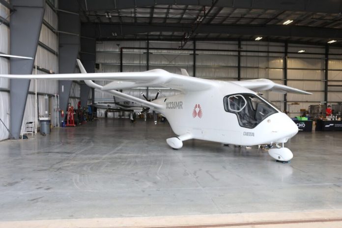 A view of BETA Technologies' Alia A250 Vertical Take-Off and Landing aircraft in Charlottesville. (Photo by Nathaniel Cline/Virginia Mercury)