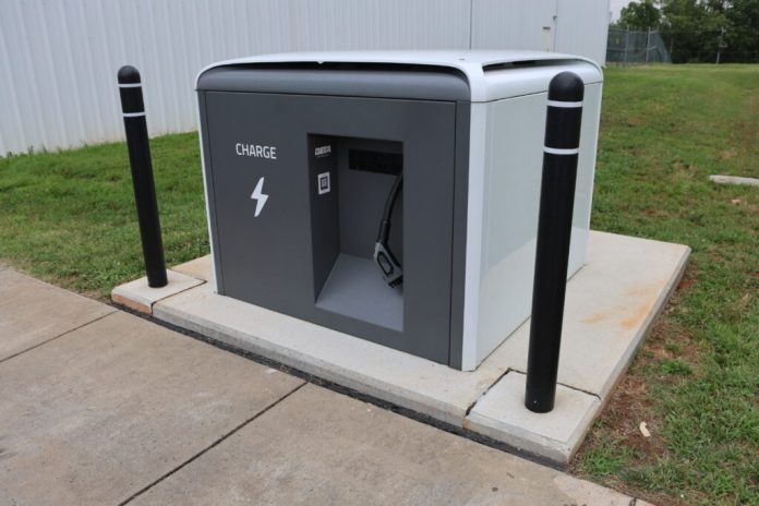 A view of a charging station used by BETA Technologies in Charlottesville. (Photo by Nathaniel Cline/Virginia Mercury)