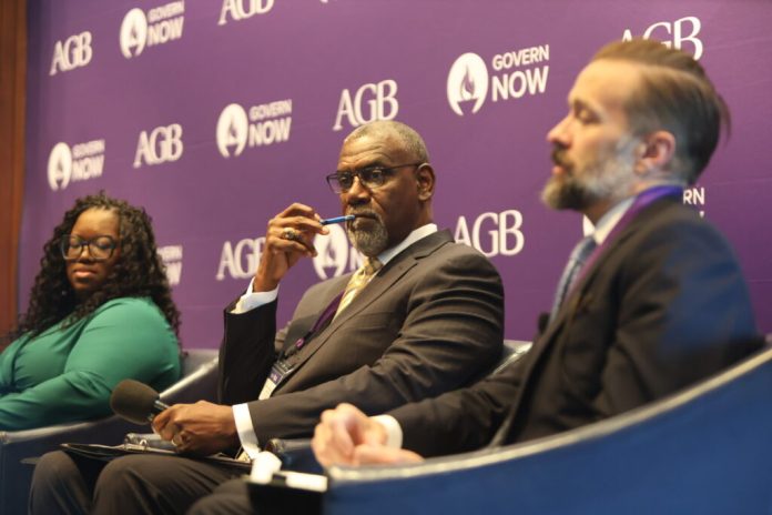 Ret. Maj. General Cedric Wins (center) discusses college governing boards at Virginia's public institutions on a panel in Washington D.C., July 13, 2026 (Photo by Nathaniel Cline/Virginia Mercury)