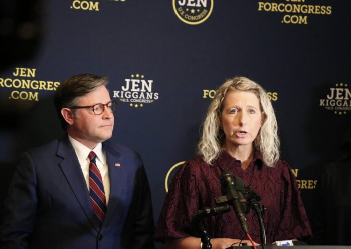 U.S. Rep. Jen Kiggans, R-Virginia Beach, speaks at a campaign event in Virginia Beach featuring U.S. Speaker of the House Mike Johnson, R-Louisiana, on Aug. 17, 2026. (Photo by Charlotte Rene Woods/Virginia Mercury)