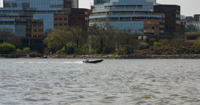 Boat zooms down Potomac River with view of Alexandria, VA. March 30, 2026. (Photo by Shannon Heckt/Virginia Mercury)