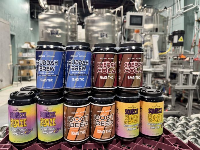 THC-infused beverages produced by Nova Hemp are displayed at the company’s facility in Middletown. Nova Hemp is among seven Virginia businesses seeking a federal injunction against new hemp restrictions set to take effect Aug. 15. (Courtesy photo)
