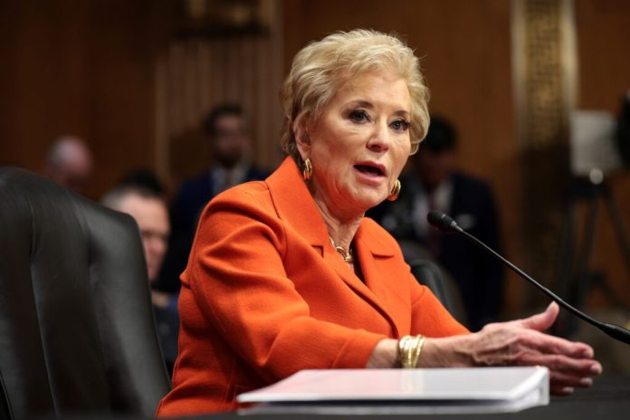 Linda McMahon, confirmed Monday, March 3, 2025, as President Donald Trump’s pick as secretary of Education, testifies during her Senate Health, Education, Labor and Pensions Committee confirmation hearing in the Dirksen Senate Office Building on Feb. 13, 2025, in Washington, D.C. (Photo by Win McNamee/Getty Images)